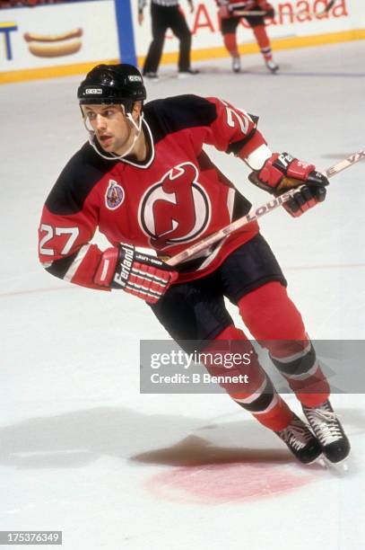 Scott Niedermayer of the New Jersey Devils skates on the ice during an NHL game against the New York Rangers circa 1993 at the Madison Square Garden...