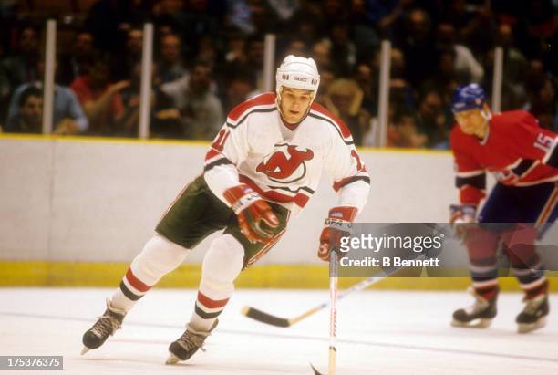 Brendan Shanahan of the New Jersey Devils skates on the ice during an NHL game against the Montreal Canadeins on February 11, 1988 at the Brendan...