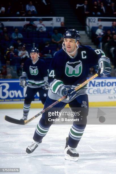 Brendan Shanahan of the Hartford Whalers skates on the ice during an NHL game against the New York Islanders circa 1995 at the Nassau Coliseum in...