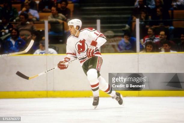 Brendan Shanahan of the New Jersey Devils skates on the ice during an NHL game circa 1988 at the Brendan Byrne Arena in East Rutherford, New Jersey.