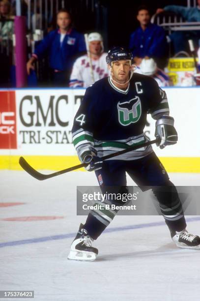 Brendan Shanahan of the Hartford Whalers skates on the ice during an NHL game against the New York Rangers circa 1996 at the Madison Square Garden in...