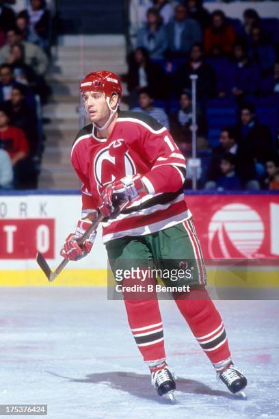 Brendan Shanahan of the New Jersey Devils skates on the ice during an NHL game against the New York Islanders on December 11, 1990 at the Nassau...