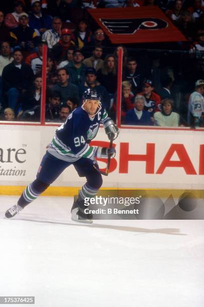 Brendan Shanahan of the Hartford Whalers skates on the ice during an NHL game against the Philadelphia Flyers on November 5, 1995 at the CoreStates...