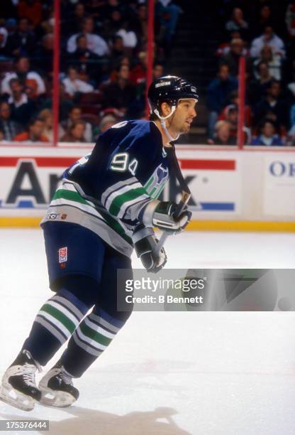 Brendan Shanahan of the Hartford Whalers skates on the ice during an NHL game against the Philadelphia Flyers on November 5, 1995 at the CoreStates...