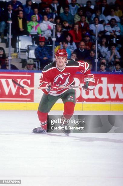 Brendan Shanahan of the New Jersey Devils skates on the ice during an NHL game against the New York Islanders on December 11, 1990 at the Nassau...