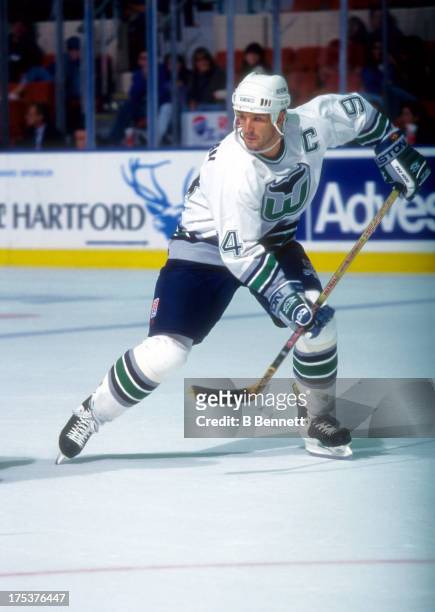 Brendan Shanahan of the Hartford Whalers skates on the ice during an NHL game circa 1996 at the Hartford Civic Center in Hartford, Connecticut.