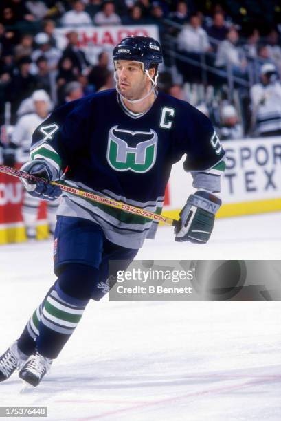 Brendan Shanahan of the Hartford Whalers skates on the ice during an NHL game against the Dallas Stars on February 11, 1996 at the Reunion Arena in...