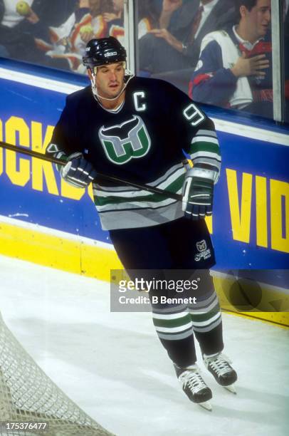Brendan Shanahan of the Hartford Whalers skates on the ice during an NHL game against the Florida Panthers on October 21, 1995 at the Miami Arena in...
