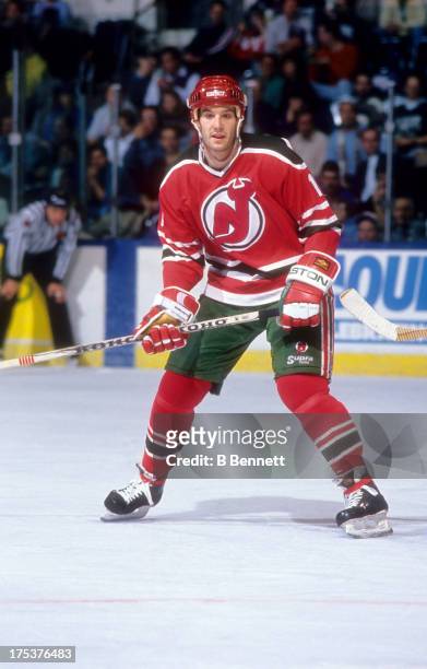 Brendan Shanahan of the New Jersey Devils skates on the ice during an NHL game against the New York Islanders circa 1991 at the Nassau Coliseum in...