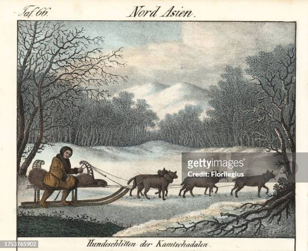 Itelmen man in fur-lined clothes riding a dogsled driven by five dogs in Kamchatka. Handcoloured lithograph from Friedrich Wilhelm Goedsche's...