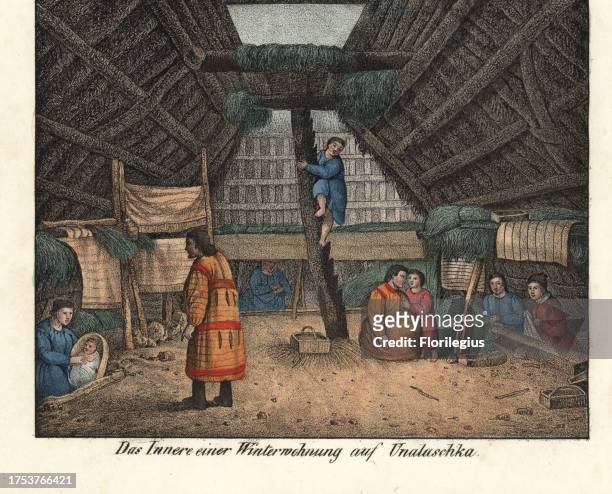 Inside an Aleut wooden winter house on the island of Unalaska. Men and women drying crops, sewing, and tending to children in papoose. Handcoloured...