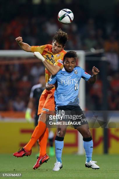 Dejan Jakovic of Shimizu S-Pulse and Renato Ribeiro Calixto of Kawasaki Frontale compete for the ball during the J.League J1 first stage match...