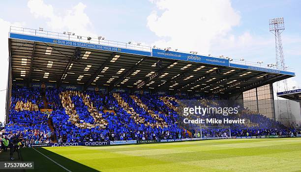 Portsmouth fans spell out the word "ours" in the Fratton end ahead of the Sky Bet League Two match between Portsmouth and Oxford United at Fratton...