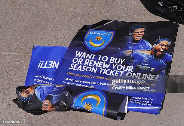 Portsmouth season ticket posters are discarded outside Fratton Park ahead of the Sky Bet League Two match between Portsmouth and Oxford United at...