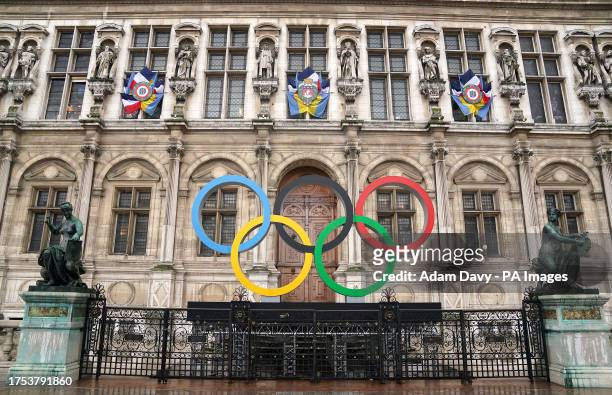 The Olympic Rings outside the Hotel de Ville in Paris, France. Picture date: Monday October 30, 2023.