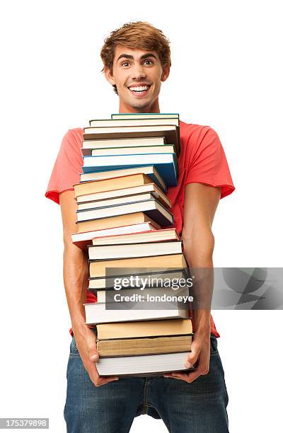 young book carrying stack of books - isolated - man holding book stock pictures, royalty-free photos & images