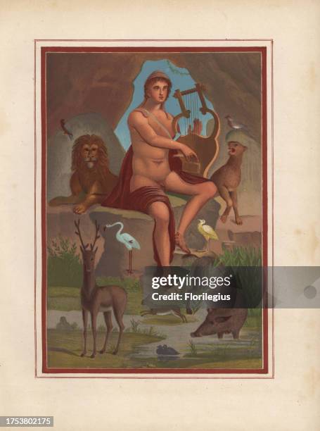 Large wall painting of Orpheus with a lyre from the House of Vesonius Primus, a fuller. He is surrounded by animals including a lion, cougar, boar,...