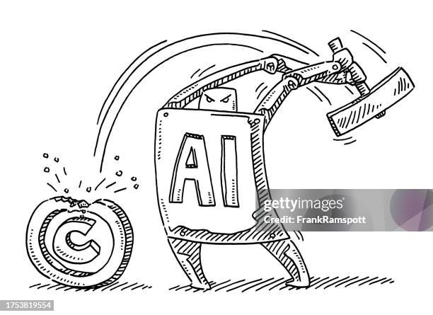 ai robot smashing copyright symbol drawing - copyright symbol transparent background stock illustrations