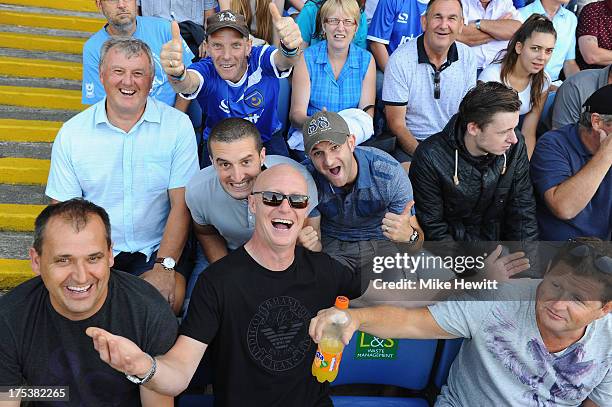 Portsmouth fans in optimistic mood ahead of the Sky Bet League Two match between Portsmouth and Oxford United at Fratton Park on August 03, 2013 in...