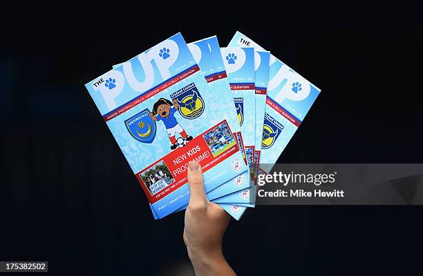 Programmes aimes at children for sale outside Fratton Park ahead the Sky Bet League Two match between Portsmouth and Oxford United at Fratton Park on...