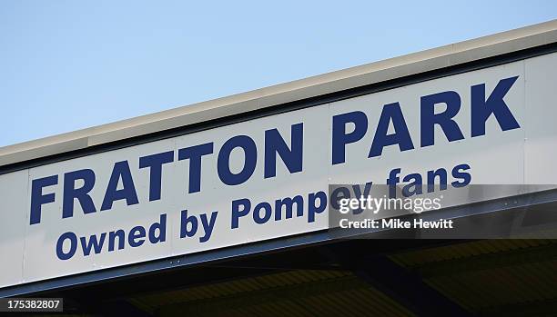 Banner in the ground declares that the fans now own Fratton Park during the Sky Bet League Two match between Portsmouth and Oxford United at Fratton...