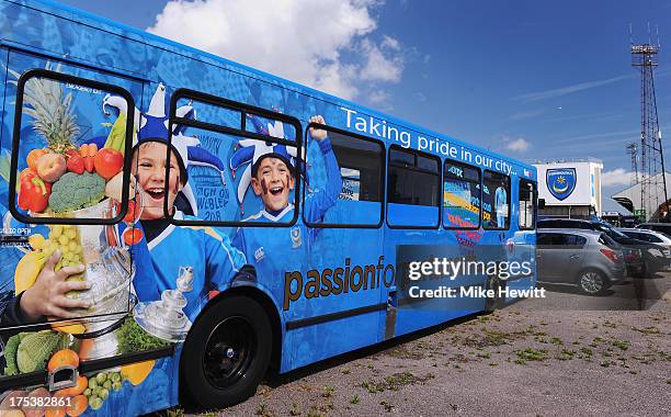 The local bus company shows its support for Portsmouth ahead of the Sky Bet League Two match between Portsmouth and Oxford United at Fratton Park on...