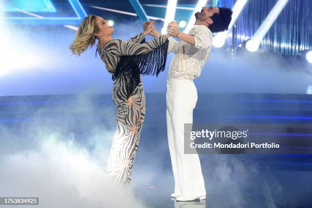 Italian tv presenter Simona Ventura and italian ballet dancer Samuel Peron during the first episode of the program Ballando con le stelle at...