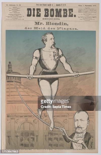 Mr. Blondin, the hero of Niagara; Tightrope walker , László Frecskay , cartoonist paper, height 44.9 cm, width 29.1 cm, caricature, satire, Media and...