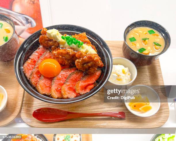 beef and chicken rice bowl teishoku model - takuan stock pictures, royalty-free photos & images