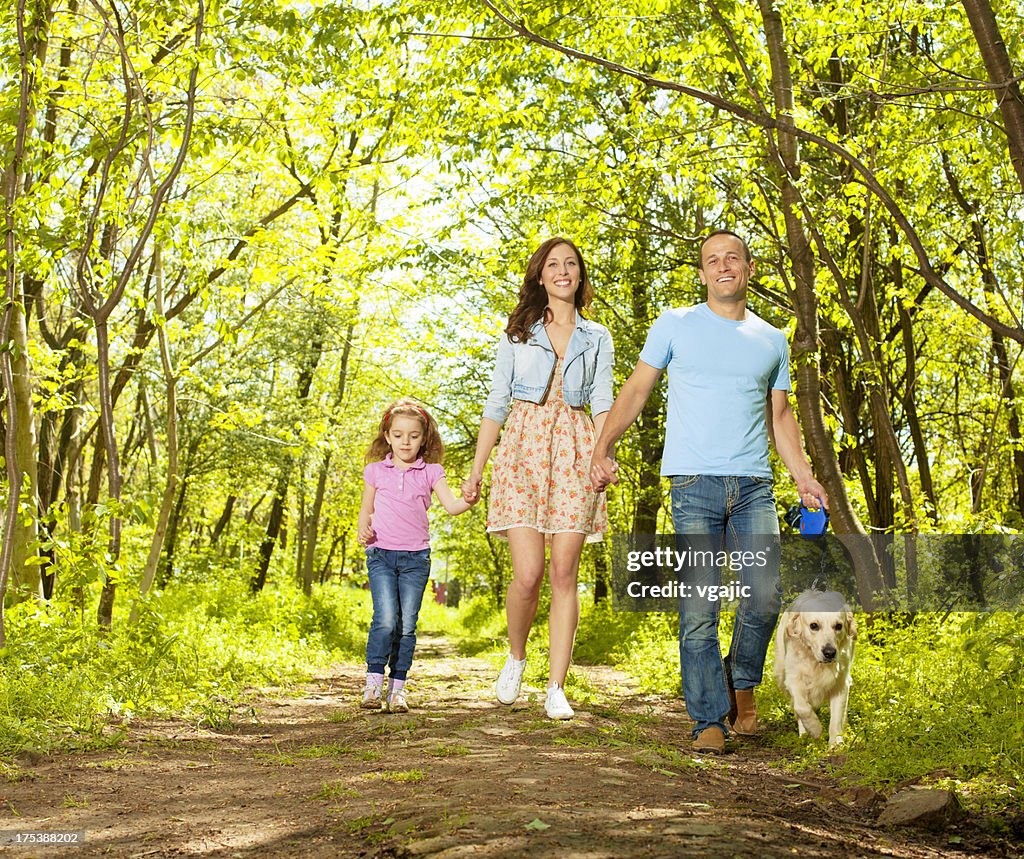 Family With Child and dog Walking Outdoors.