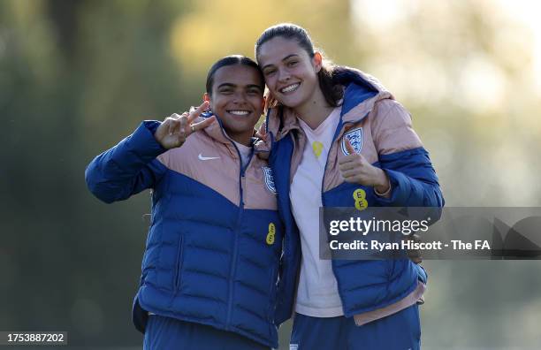 Ava Baker and Freya Godfrey of England pose for a photo as they inspect the pitch prior to the UEFA European Women's Under-19 Championship Qualifier...
