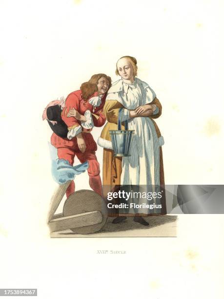 Dutch bourgeoise housewife with milk pail and page, 17th century, from a painting by Gabriel Metzu. Handcolored illustration by E....