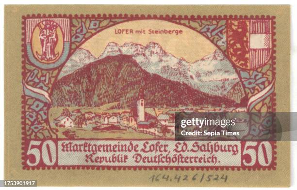 Voucher, 50 Heller, market town Lofer , mint authority, Wagner, Innsbruck, printer, date before 31.3.1921, paper, print, height×width 54×84 mm, mint,...