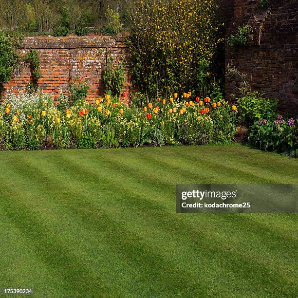 green yard with garden and wall border - mowing lawn stock pictures, royalty-free photos & images