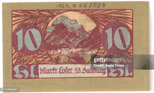 Voucher, 10 Heller, market town Lofer , mint authority, Wagner, Innsbruck, printer, date before 31.3.1921, paper, printing, height×width 47×78 mm,...