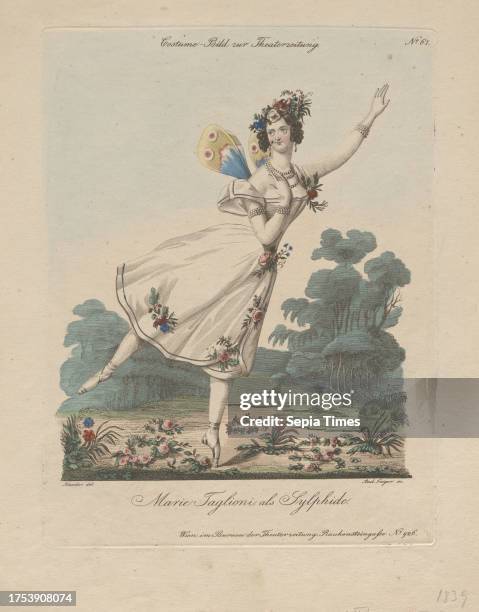 Marie Taglioni as a sylph , Andreas Geiger , engraver colored, copperplate engraving, sheet size 28, 7×22 cm, plate size 22, 8×17, 1 cm, theater,...