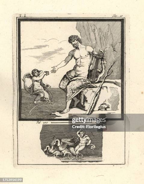 The Cyclops Polyphemus who fell in love with the nymph Galatea. He is shown with two eyes holding a lyre as he receives a message from Galatea...