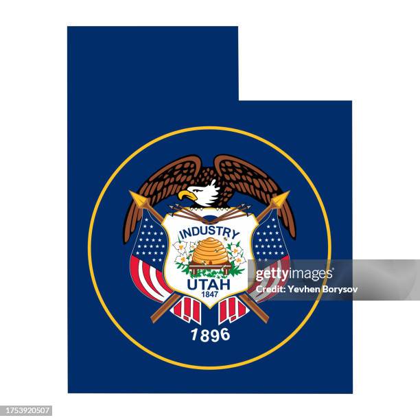 utah state map with flag and borders - utah flag stock pictures, royalty-free photos & images