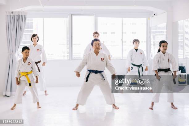 japanese karate class with variety of people in class - karateka stock pictures, royalty-free photos & images