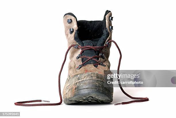 dirty work boot - untied shoelaces stock pictures, royalty-free photos & images