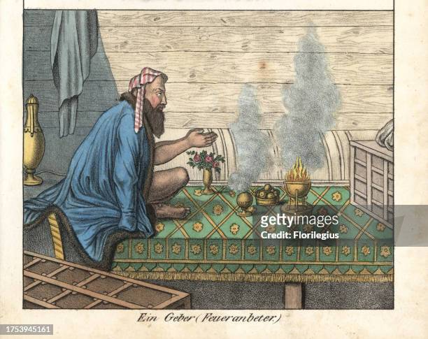 Persian fire worshipper of the Zoroastrian religion. Handcoloured lithograph from Friedrich Wilhelm Goedsche's 'Vollstaendige Völkergallerie in...