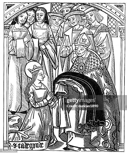 saint radegund, wife of king clotaire - nun with ruler stock illustrations