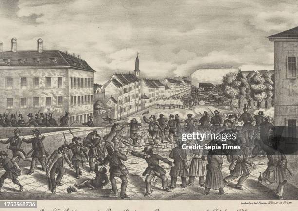 The defense of the barricade on Rennweg the 28th of October. 1848', Franz Werner, publisher paper, chalk lithograph, height 26, 3 cm, width 36, 1 cm,...