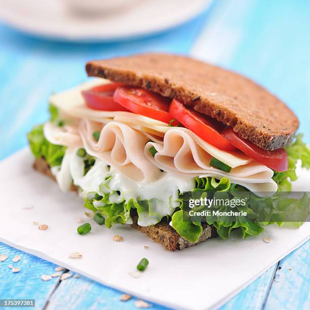 club sandwich with chicken ham and whole wheat bread - whole wheat sandwich stock pictures, royalty-free photos & images