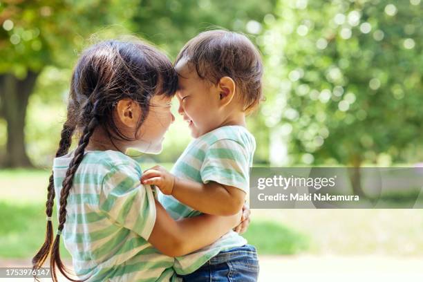 embracing a brother sitting on a girl's lap. - eenjarig plantenkenmerk stockfoto's en -beelden