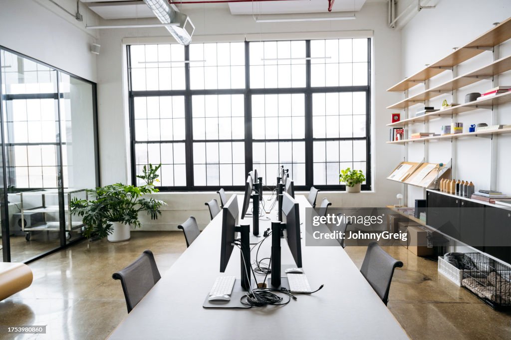 High Task Table Task Table And Technology In Unoccupied Modern Office High-Res Stock ...