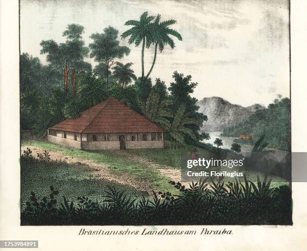 Country house in Paraiba state, northeast Brazil. Handcoloured lithograph from Friedrich Wilhelm Goedsche's 'Vollstaendige Völkergallerie in getreuen...