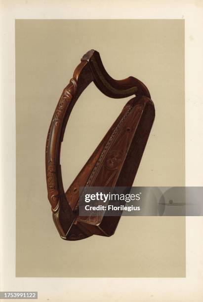 Queen Mary's harp from before the 15th century, attributed to Queen Mary Stuart. Chromolithograph from an illustration by William Gibb from A.J....