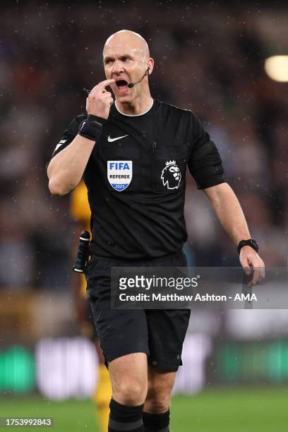 Referee Anthony Taylor during the Premier League match between Wolverhampton Wanderers and Newcastle United at Molineux on October 28, 2023 in...