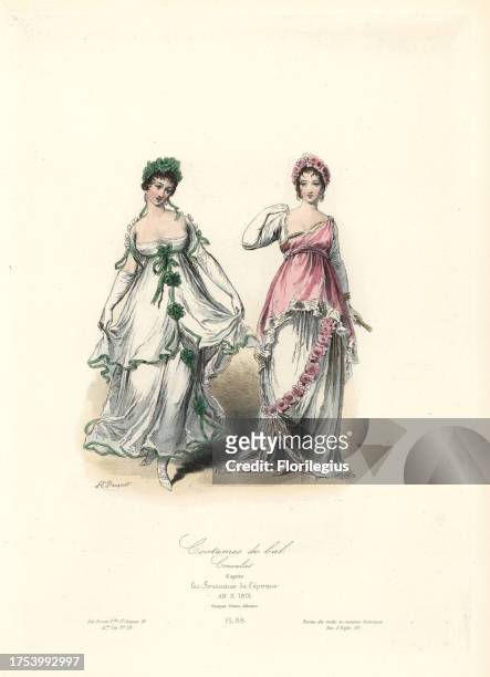 Neo-classical ball gowns, Consulate era, An X 1801. Handcoloured steel engraving by Hippolyte Pauquet after fashion magazines of the time from the...